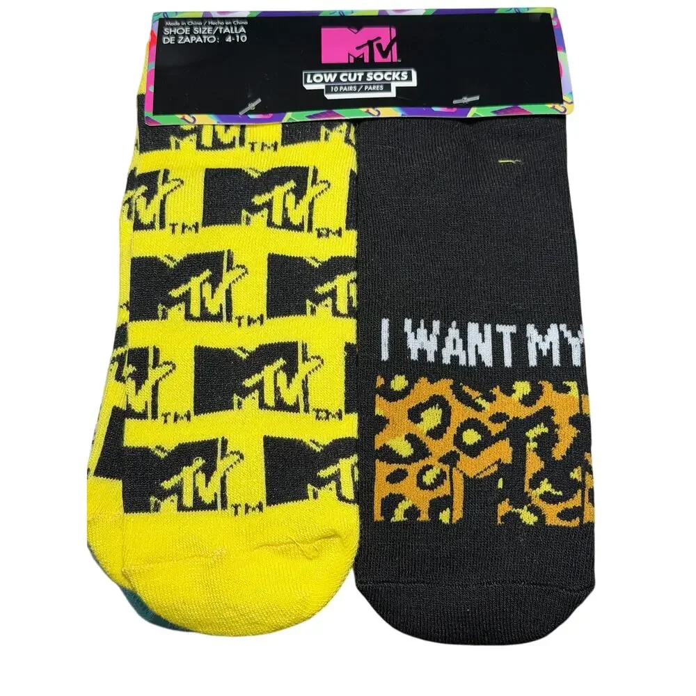 10 Pair MTV Low Cut Women Socks Size 4-10 Music Novelty TV 90s NEW Licensed Item